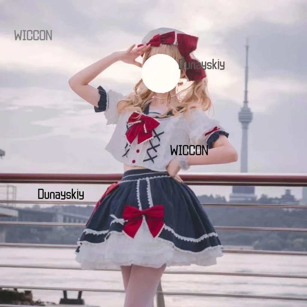 القوس ساكورا فساتين لوليتا حقيقية الصيف القطن قصير الأكمام JK لو تنورة مطوي كشكش حافة بحار دعوى OP فستان الأميرة