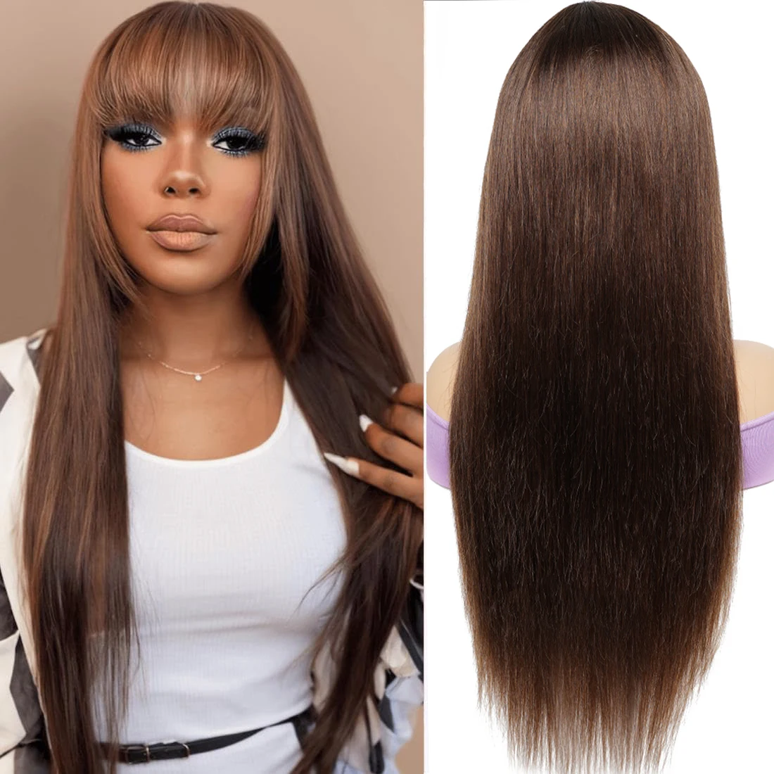 

100% Human Hair Wigs Full Wig with Bang Brown Straight Machine Made Wig with Fringe Bobbi Collection