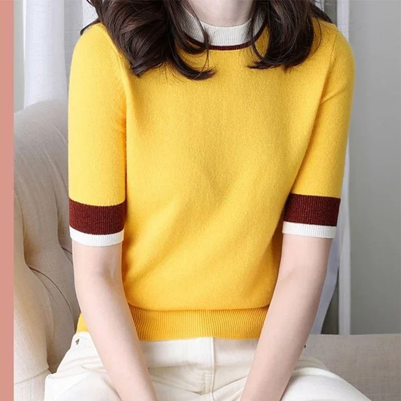 Spring New Casual Fashion Simple Patchwork Short Sleeve Knitting Top Women Loose All-match Round Neck T-shirt Female Tee E452