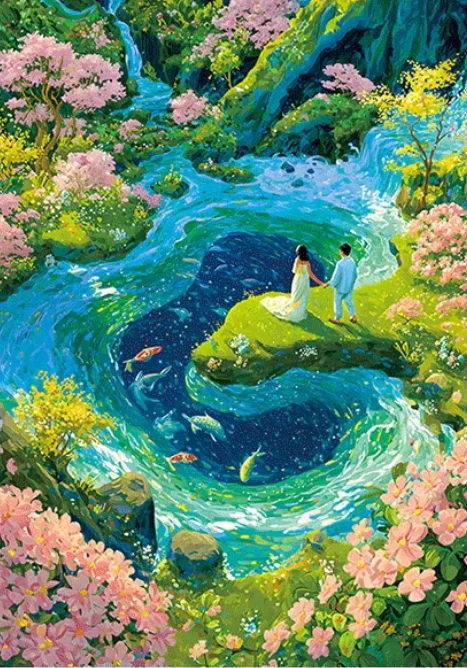 

Couple Holding Hands Swirl Stream Cherry Blossom Valley Jigsaw Puzzle, Colorful Floral Koi Fish Dreamy Landscape Wall Decor Gift
