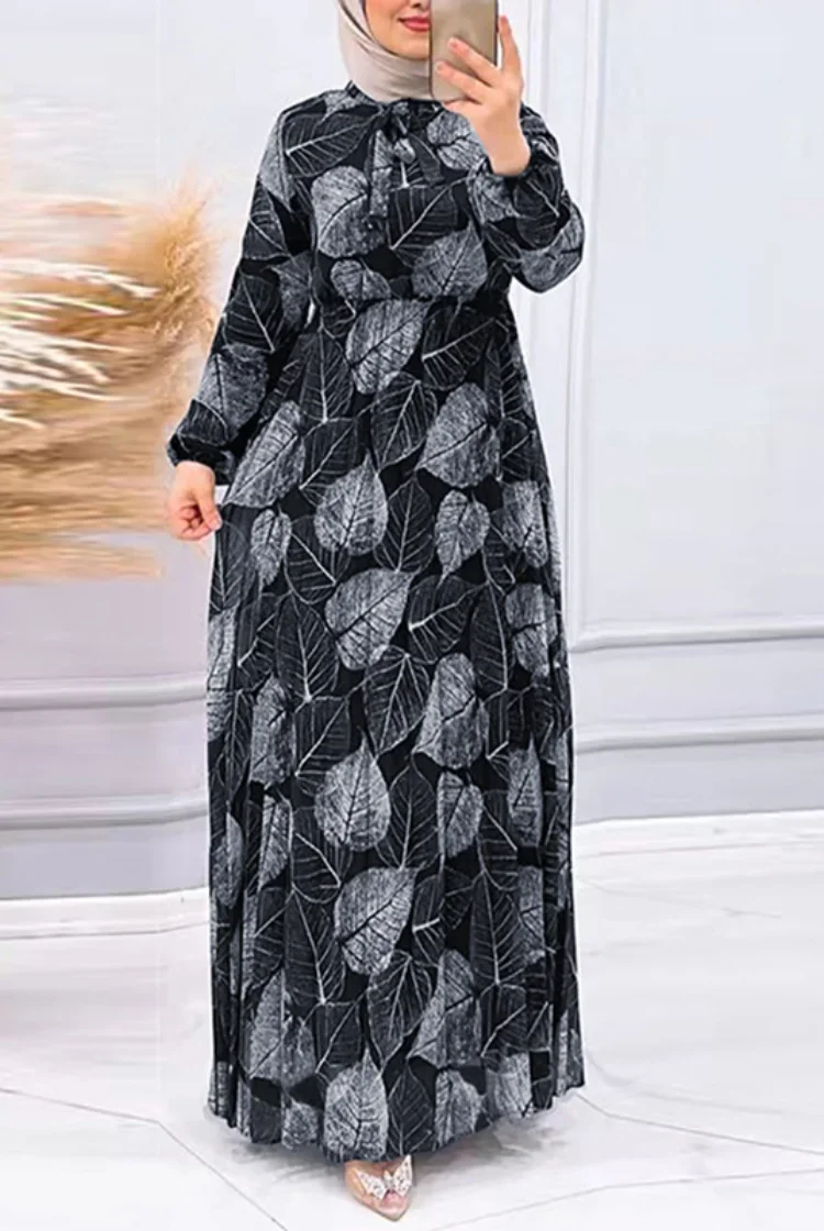 Skromna muzułmańska abaja dla kobiet Sukienki Jalabiya Leaf Print Ramadan Eid Kaftan Islam Vestidos Arabska długa szata Maroko Dubai Abayas