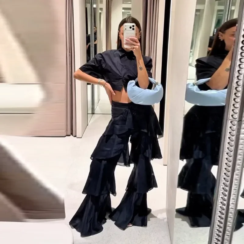 Street Cascading Ruffle Damenhose, modische Hose mit elastischem Bund und weitem Bein, Sommer 2026, Y2k Chic, Urlaubshose für Damen – Detail 4