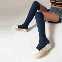 Stretch Sock Boots Women Over the Knee Wide Calf Boots Breathable Denim Slip on Blue 2023 Spring Autumn Wedges Shoes