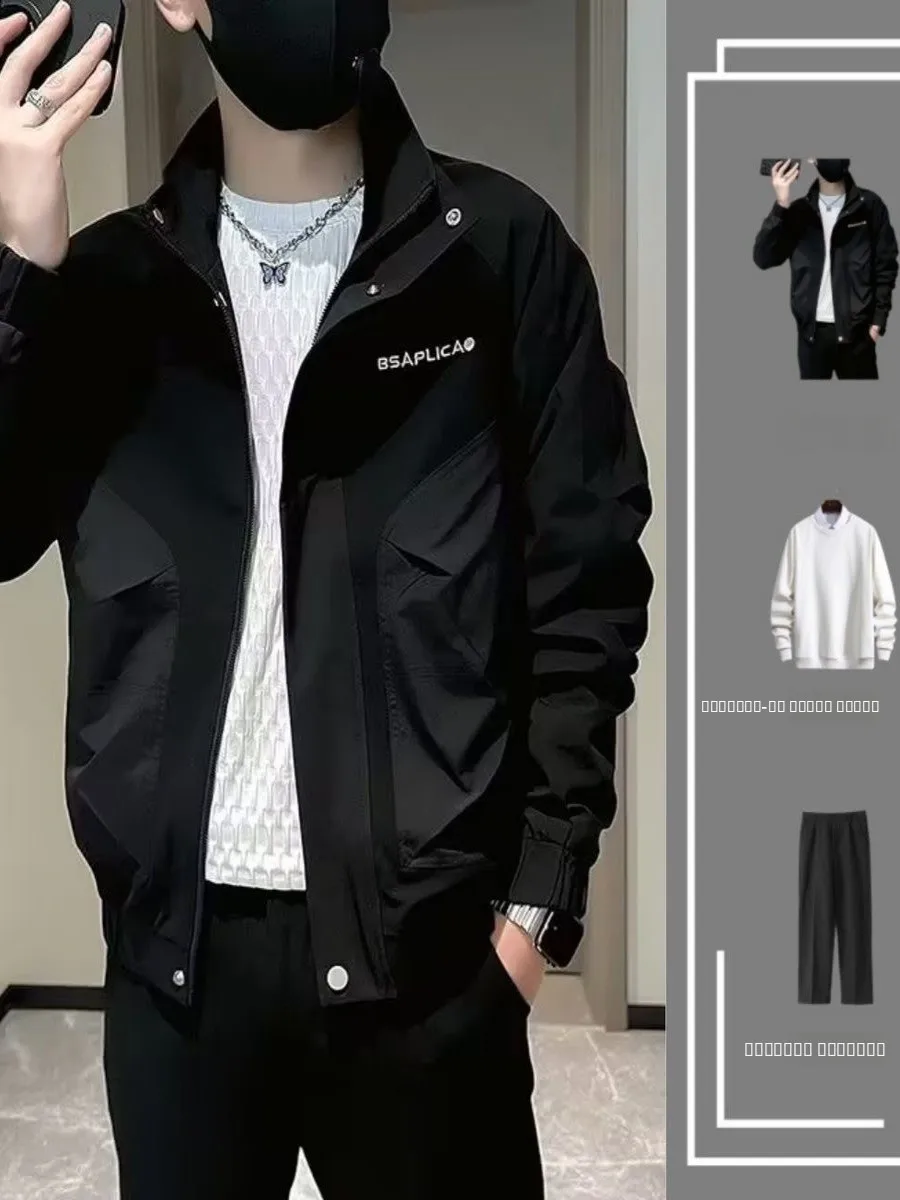 

Casual Sli Men's Jaet Spring Autumn Versatile Trendy Workwear Coat Loose Fit Double Layer Embroidery Polyester Fiber