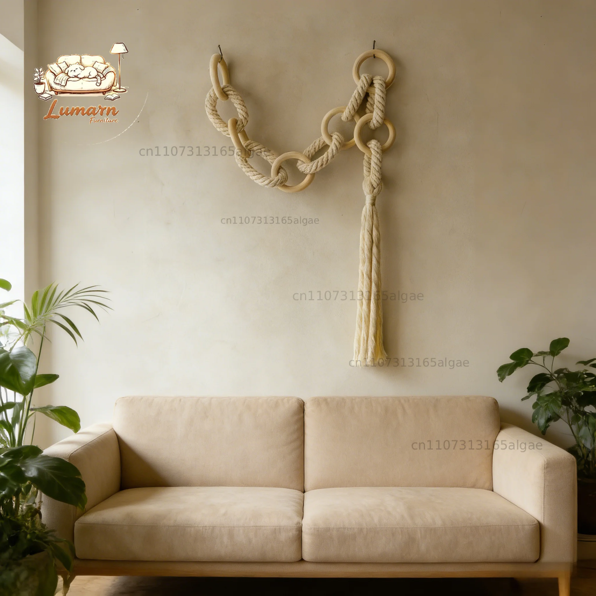 Handcrafted Macrame Rope Chain with Natural Wooden Rings Cotton Rope Tassel Hanging Wall Decor for Home and Indoor Spaces