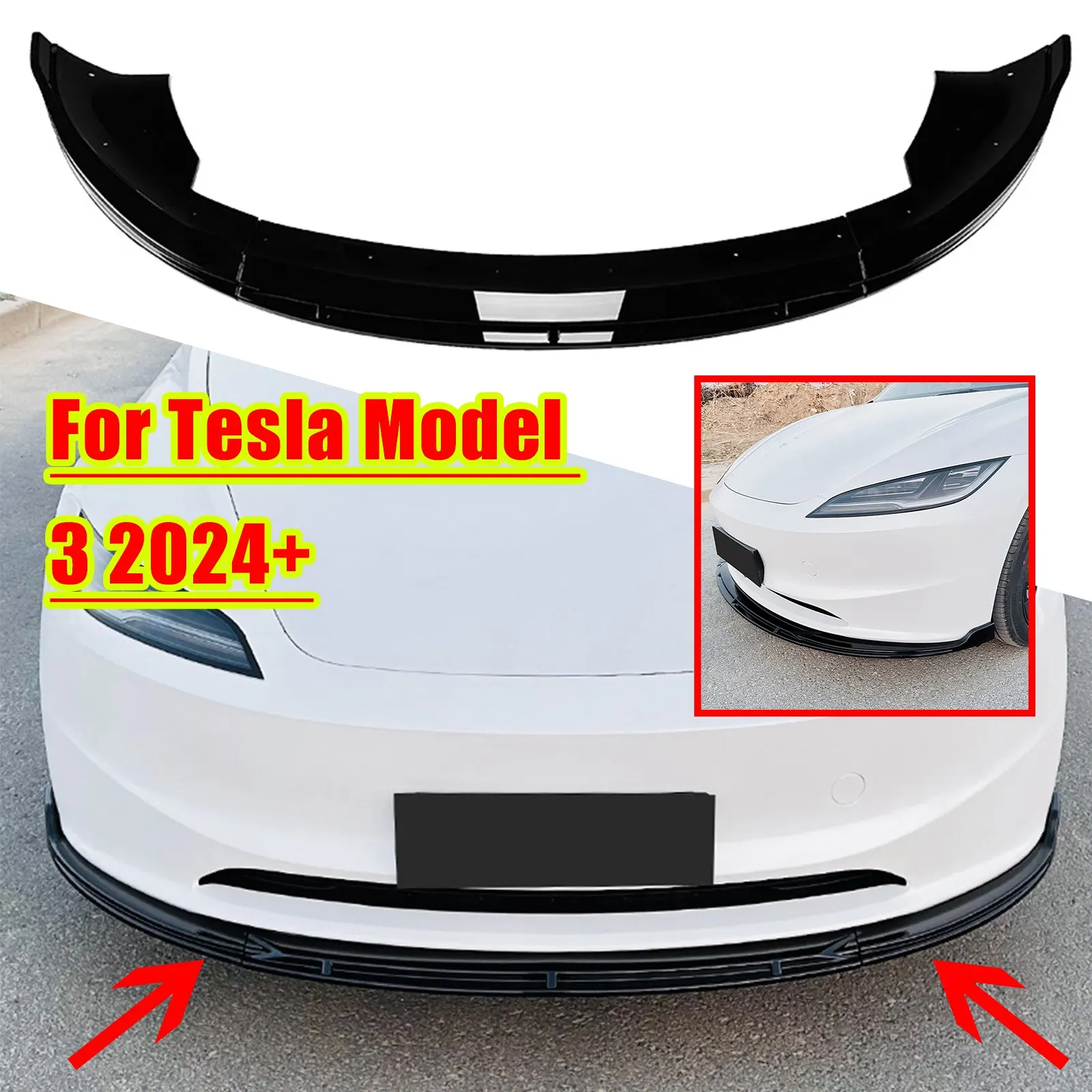

For Tesla Model 3 2024+ Gloss Black / Carbon Fiber Look Blade Splitter Front Bumper Spoiler Lip