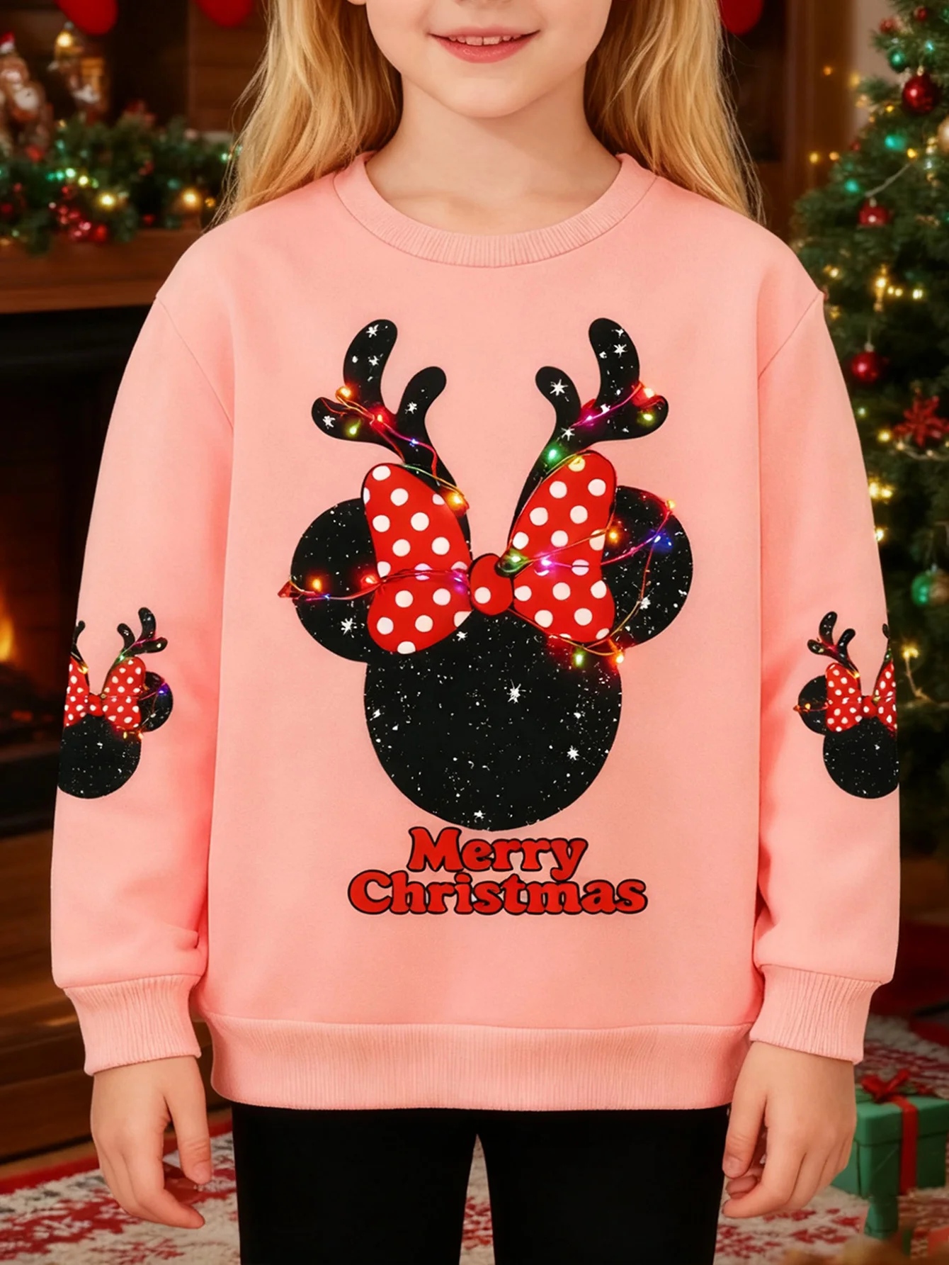 ديزني الفتيات ميني ماوس عيد الميلاد قرن الوعل القوس لهجة الوردي بلوزات مريحة فضفاضة تناسب البلوز للأطفال الشتاء عطلة وتتسابق #1