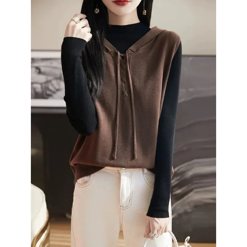 Women's Fashionable Hooded Solid Color Versatile Knitted Pullover Sweater Vest Loose Casual Bottoming Shirt Top