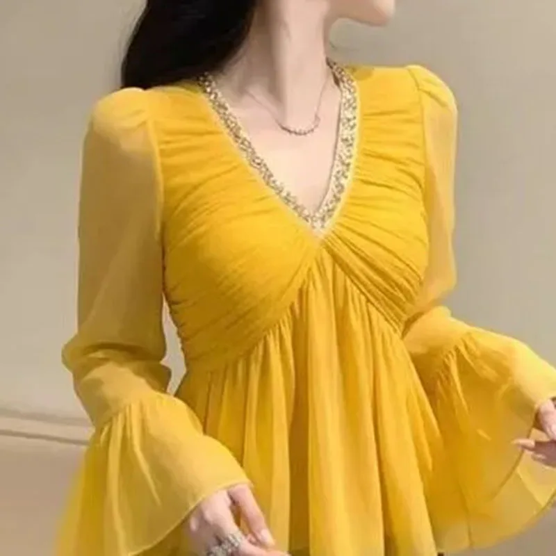 

Beautiful Yellow V-neck Shirt Women's Shirt Blouse 2026 Spring Summer New Flare Sleeve Top Korean Women Receive High Praise