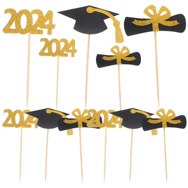 12 Stuks 2024 Afstudeerpapier Cupcake Toppers Decoratieve Cupcake Afstuderen Cake Picks Cake Decors Voor Afstudeerfeest 2024