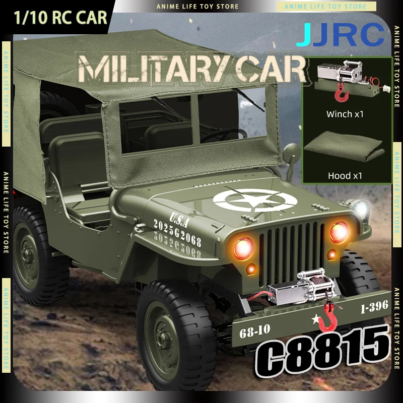 

Военный джип C8815, радиоуправляемая машина 1/10, внедорожник 2.4G, полномасштабная модель из сплава, 4WD с лебедкой, имитацией света капота, JJRC, подарок для мальчиков