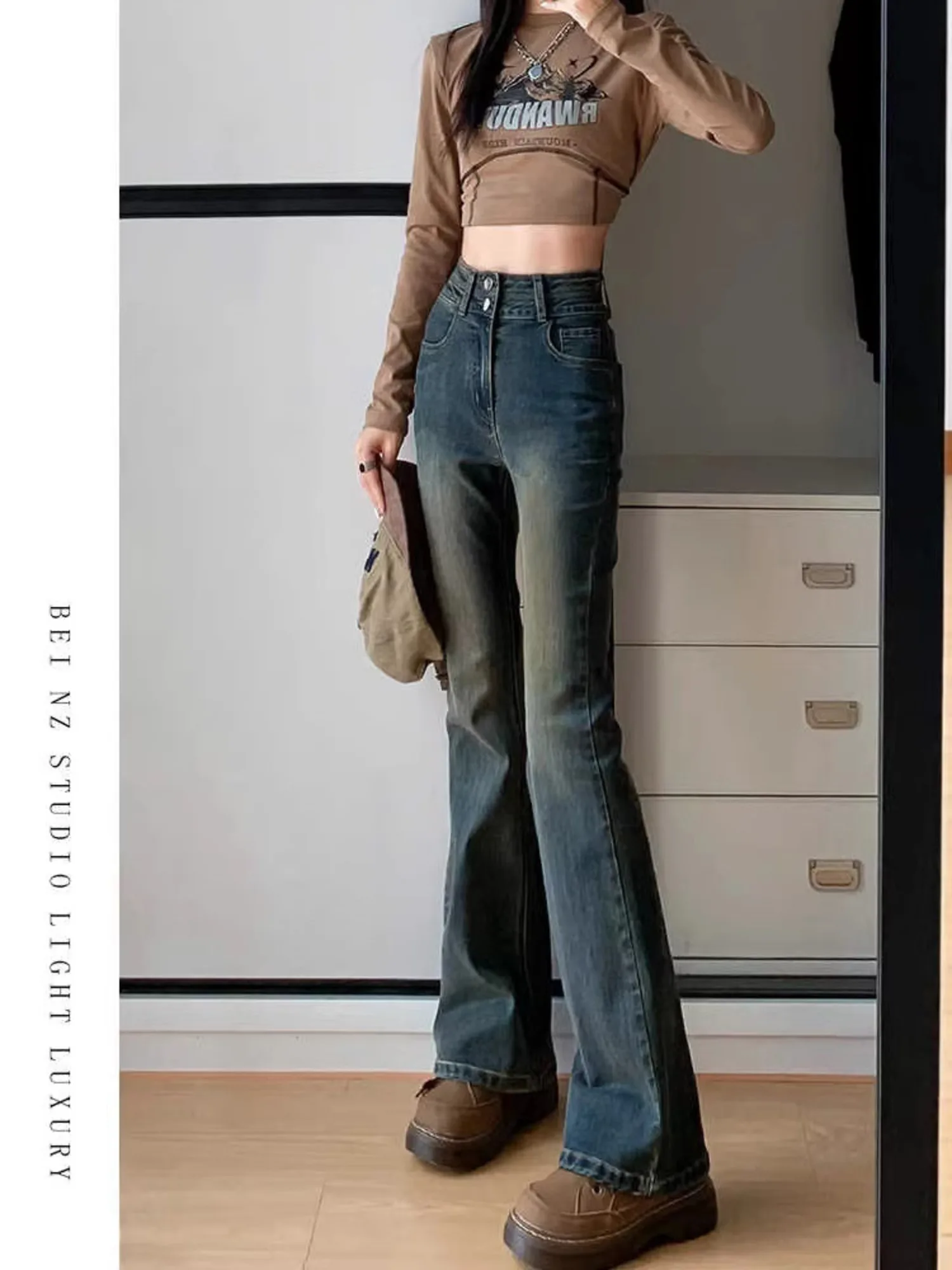 Women's High Waisted Flare Jeans Bell Bottom Denim Pants Y2K Retro Stretch Micro Flare Trousers with Double Button