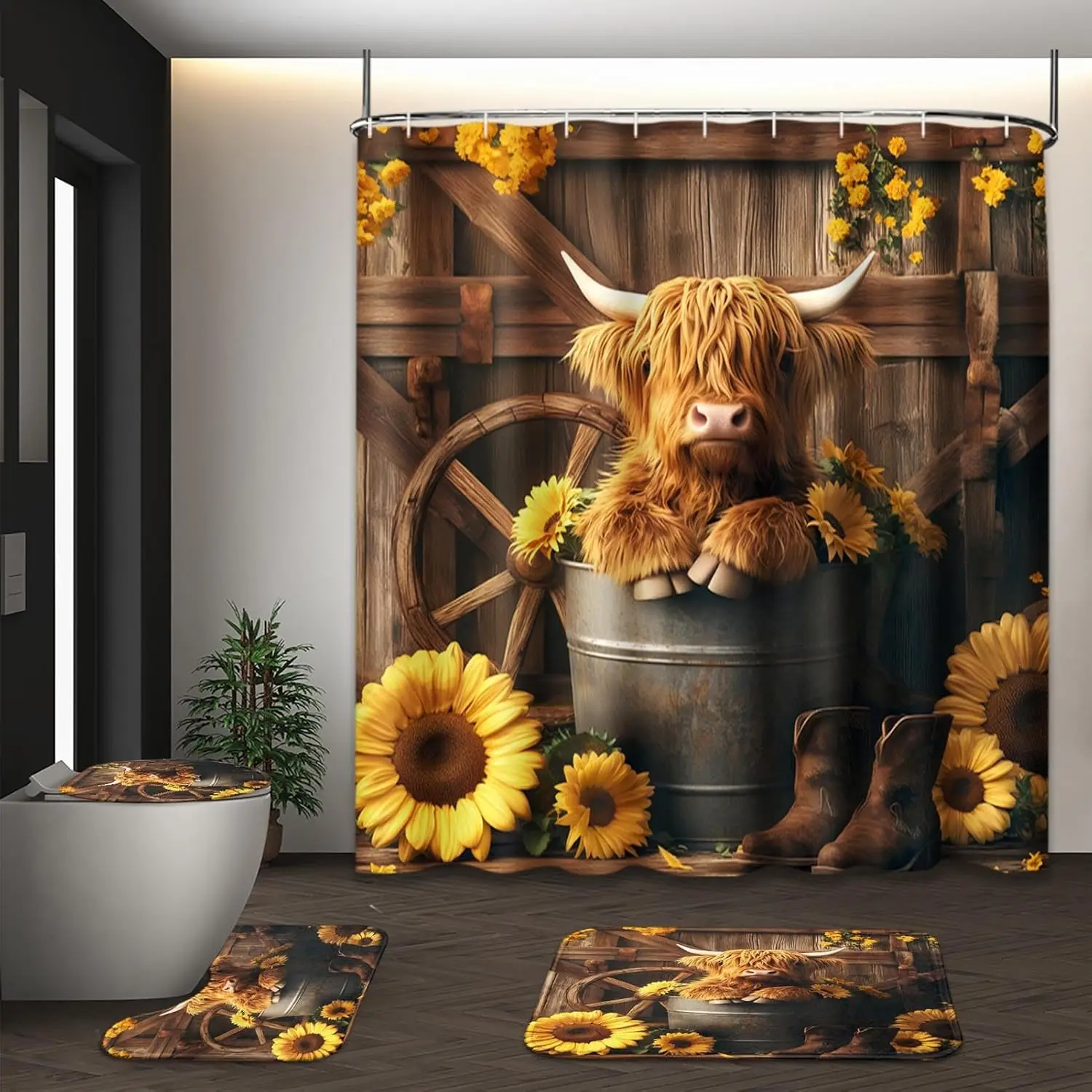 

Highland Cow Sunflower Shower Curtain Set with Toilet Lid Cover and Non-Slip Rugs, Rustic Barn Door Country 4 Pcs