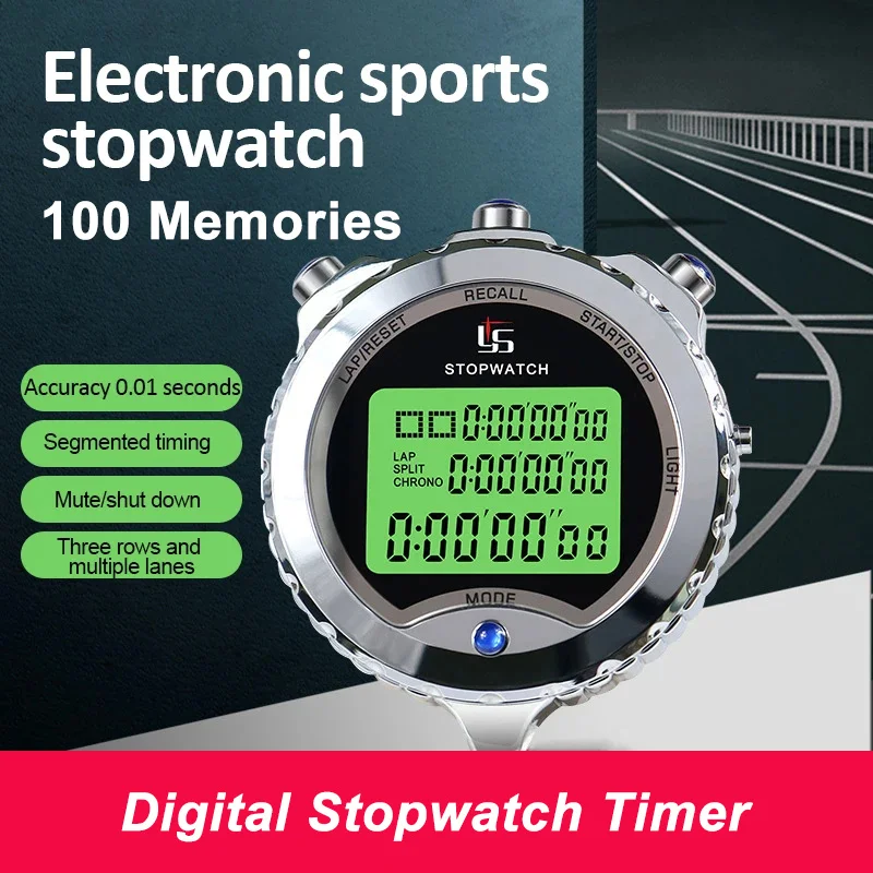 100 Channels Professional Metal Luminous Digital Stopwatch Timer Waterproof Sports Timer Sports Running Training Swimming Timer