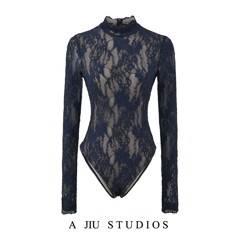 

Retro Lace Hook Flower Long Sve T-irt Rer Women's Slimming Sexy Base irt Top High Collar ort Pants Straight Cut