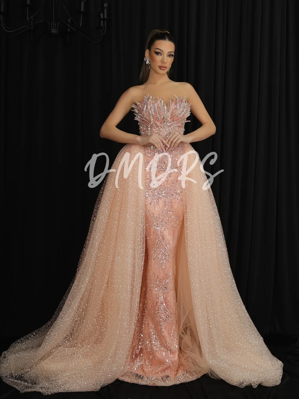 Romantic Strapless Evening Dress Charming Crystal Party Gown Classic Detachable Skirt Floor Length Party Dresses فساتين سهرة