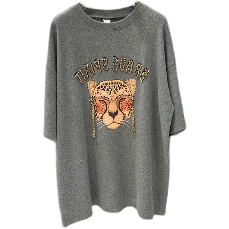 Euro Us Style Fashion Summer New Product Sanding Women T Shirt Leopard Head Letters With Diamonds Grey Loose Tees Tops Female