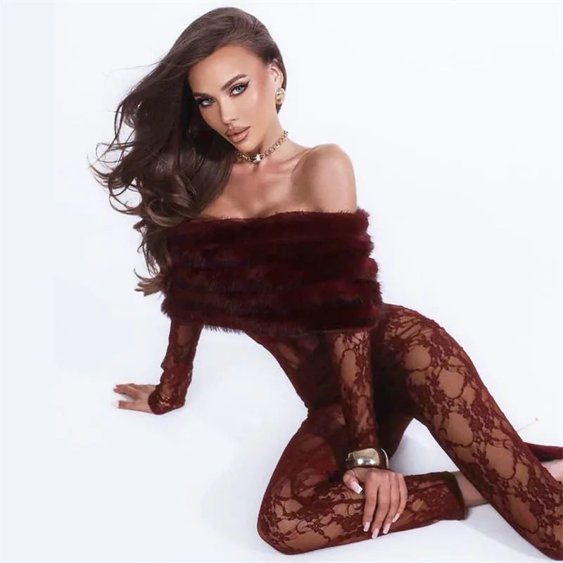 

Burgundy Fur Women Jumpsuit Sexy Off Shoulder Full Sleeves Long Sheath Party Prom Pants Formal Wedding Birthday Evening Wear