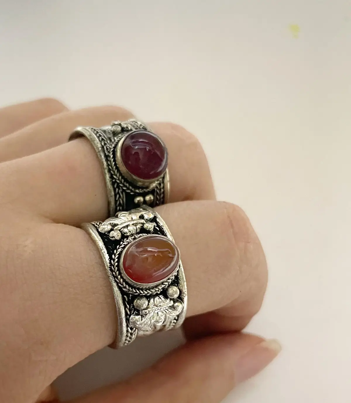 Antique Open Ring Dark Orange red Agate Tibetan Silver Jewelry for Woman Girl Man Adjustable Size