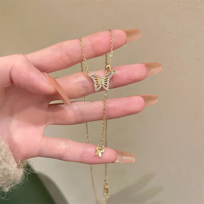 High-looking ins style animal necklace butterfly tassel set with diamonds 925 sterling silver necklace female butterfly necklace