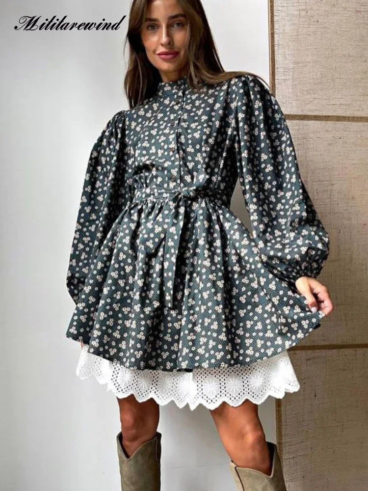 

New Spring Fall Elegant Puff Sleeve Floral Dress Women Lace Patchwork Stand Collar Short A-line Dress Birthday Dress For Women
