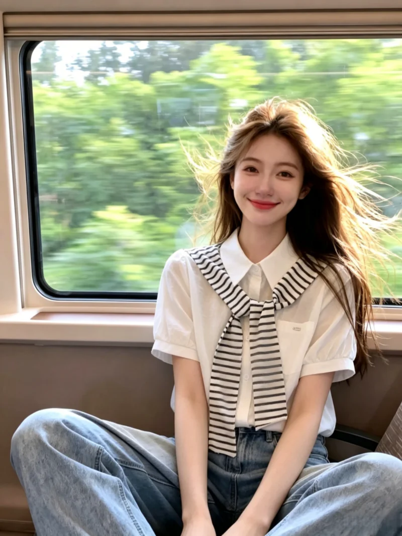 

Casual Stripe Neck Short Sleeve Shirt Women Summer Style Fake Two-Piece Shawl Recommendations Age-Defying Korean Version