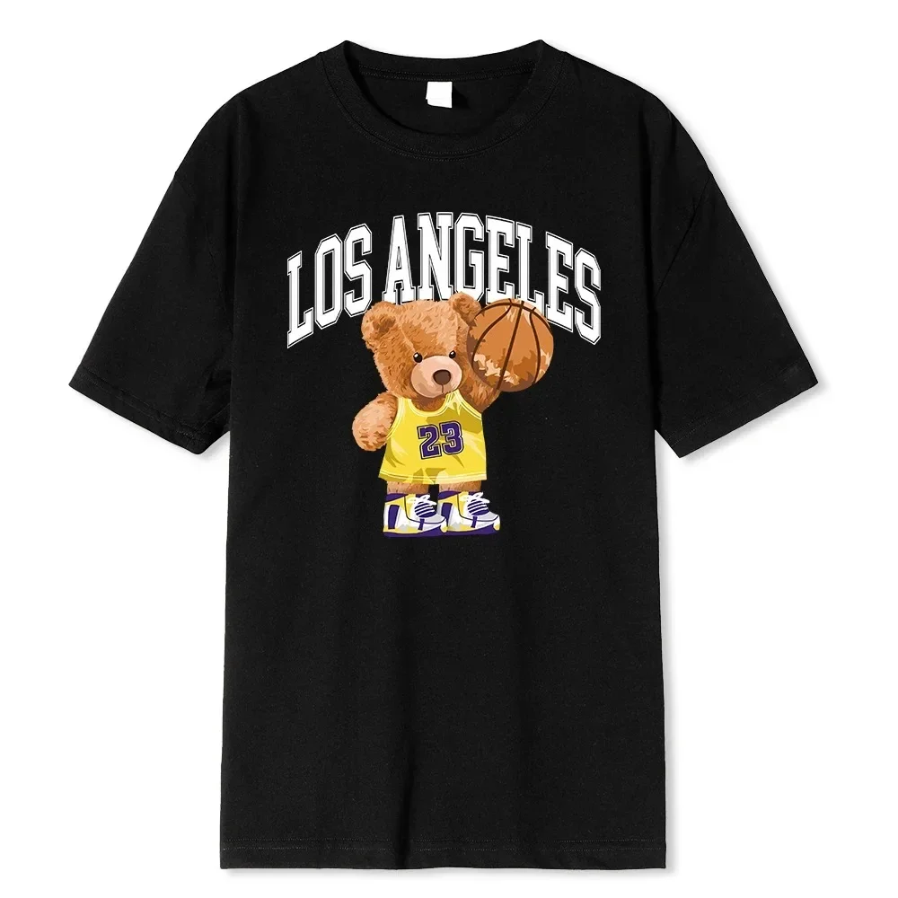 Los Angeles 23 Basketball Teddy Bear Cartoons Cute Print Male Tops Loose T-Shirt Cotton T-Shirt Hip Hop Tee Clothes T-Shirts