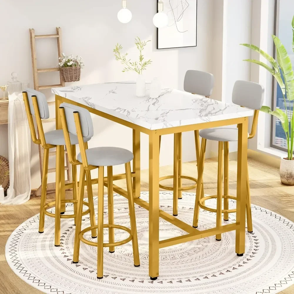 Dining Table Set for 4, Bar Tables and Chair Sets Faux Marble Counter Height Dining Tables Set with 4 PU Upholstered Stool Table