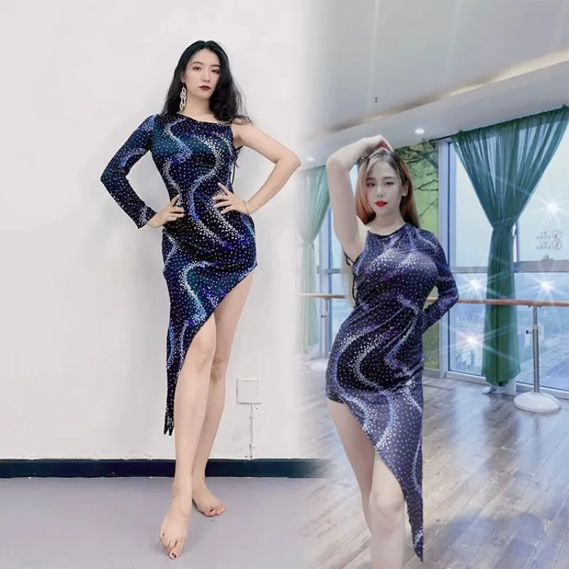 Customized Belly Dance Costumes Milk Silk Screen Flower Dew Back Dress Black Blue with Chest Cotton Sexy Slanted Skirt