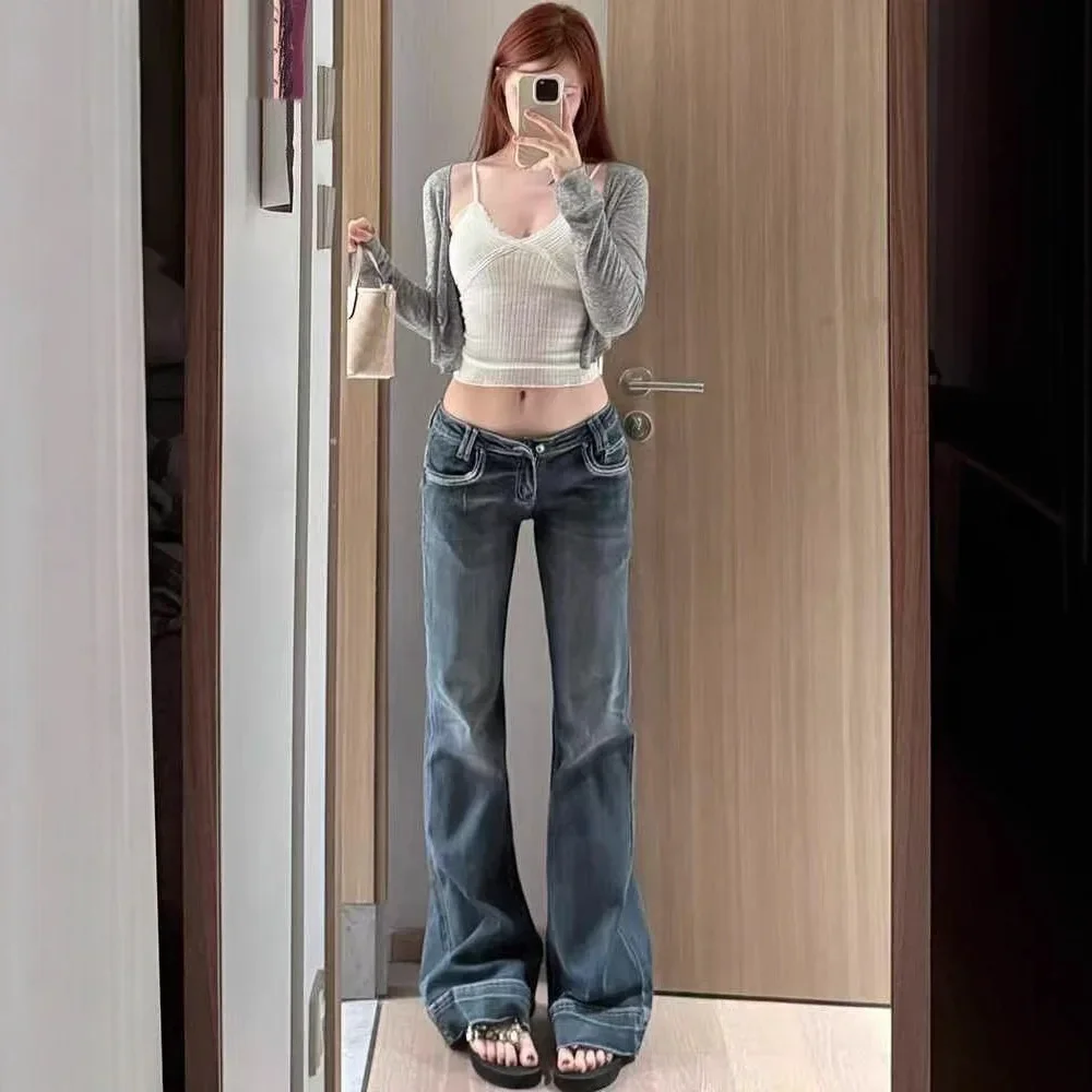 الرجعية الأزرق جرس أسفل الجينز المرأة حار منخفضة الخصر الكاحل طول السراويل التخسيس تأثير الخريف موضة الاتجاه #1