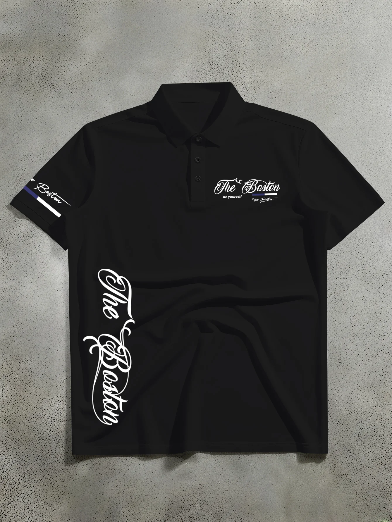 New unisex short sleeved polo shirt with American retro style, vertical floral English+blue striped cuffs printed polo shirt