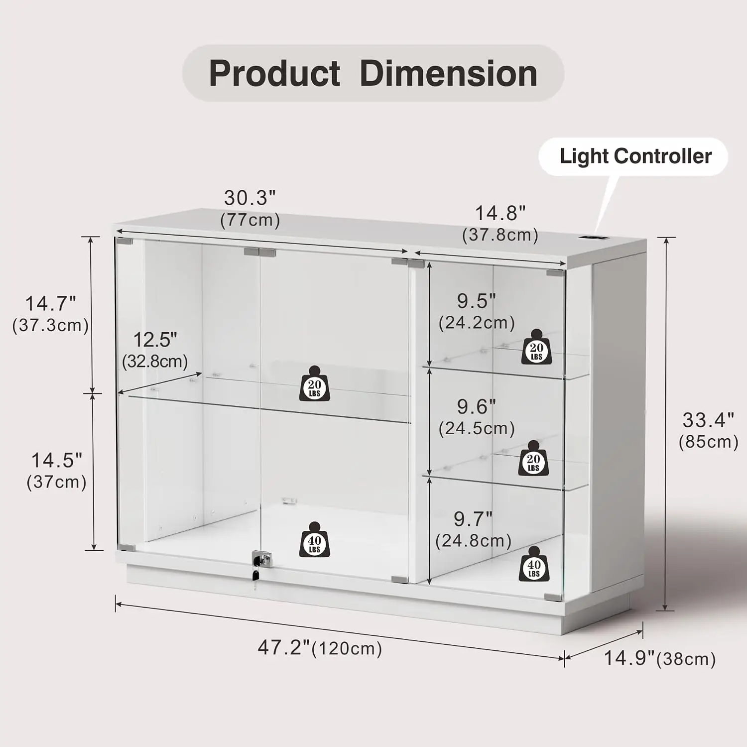 High Gloss LED Glass Curio Cabinet with Lock for Toys, White | Display Cabinet with Human Body Sensor & Glass Shelves, Display C