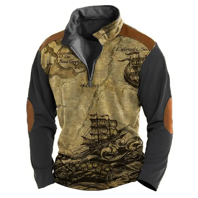 

Nautical Map Compass Print Half Zip Long Sleeve Sweatshirts Autumn Street Vintage Clothing Fashion Stand Collar Loose Men's Tops