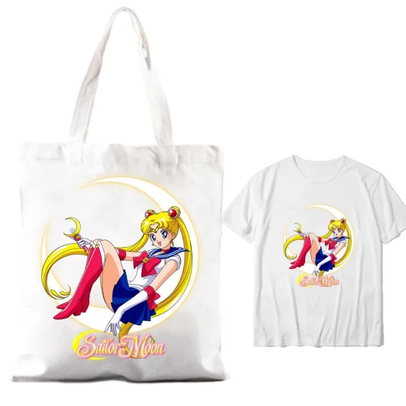 Bilibili S-Sailor Girl Cute M-Moon damskie torebki na ramię para kombinacja ubrań z krótkim rękawem z kołnierzem moda T shirt Man bawełna