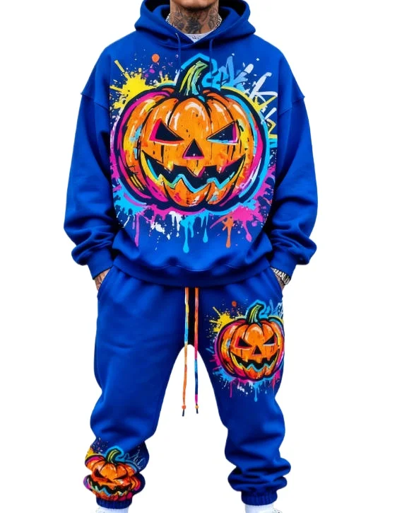 Men's and Women's Pumpkin Pattern Hoodies and Pants Sports Comfort Set
