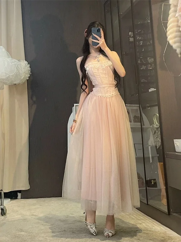 

Romantic Beautiful Pink Lace ter Top And Skirt Two-Piece Set Women's Spring Summer Sexy Girl Outfit Zipper Closure