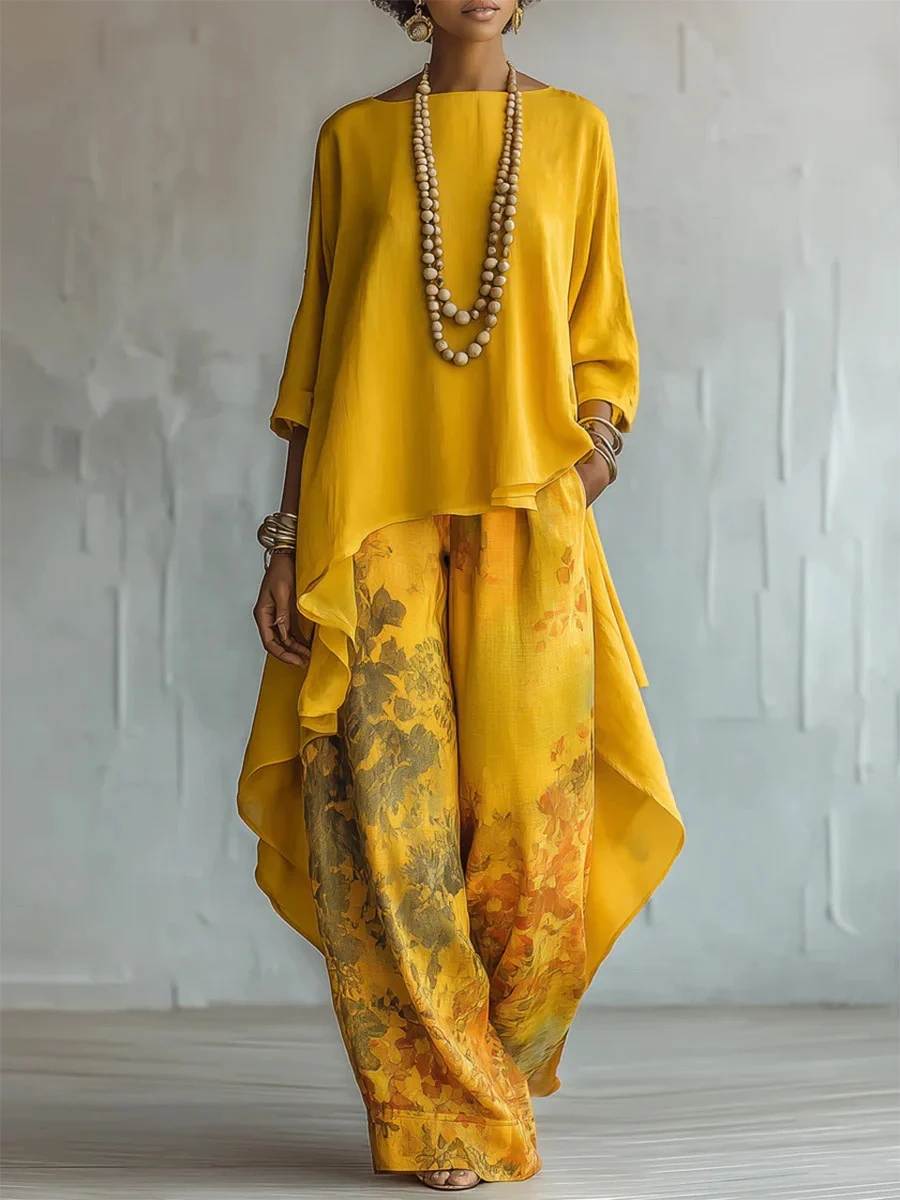 Fashionable Loose round Neck Short Sleeve Top And Wide Leg Pants Two Piece Set Slimming Effect Summer Outfit Women's Ensemble