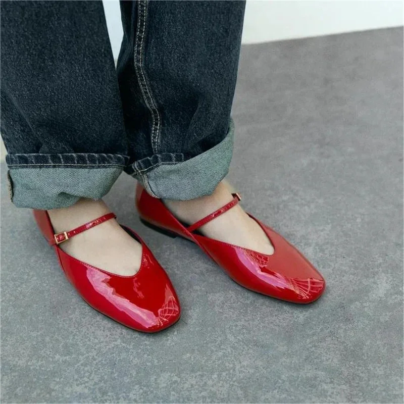 Woman Red Mary Jane Shoes 2024 Summer Chic Faux Patent Leather Flats Womens Fashion Round Toe Buckle Strap Single Shoes