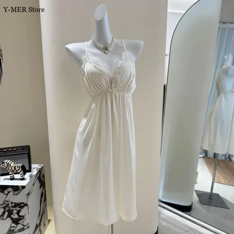 Sexy Lace Trim Nightgown Lady Backless Spaghetti Strap Satin Robe Suit Elegant Princess Style Loungewear Home Dressing Gown