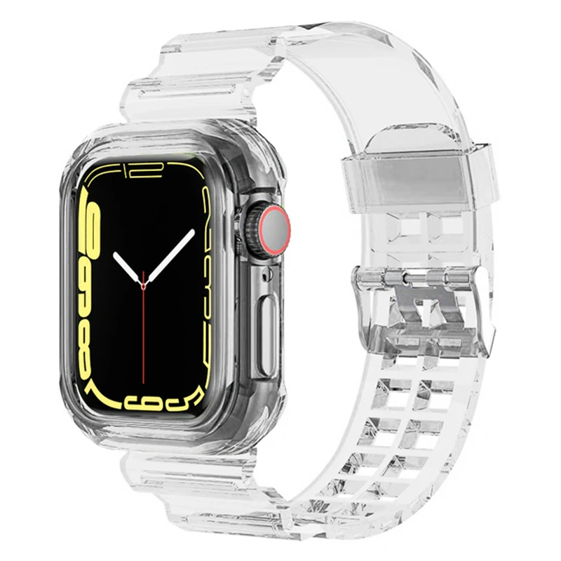Clear Band + Case for Apple Watch Series 9 8 7 6 SE 5 3 49mm 45mm 44mm 42mm 41mm Transparent for Iwatch 38mm 40mm Plastic Strap