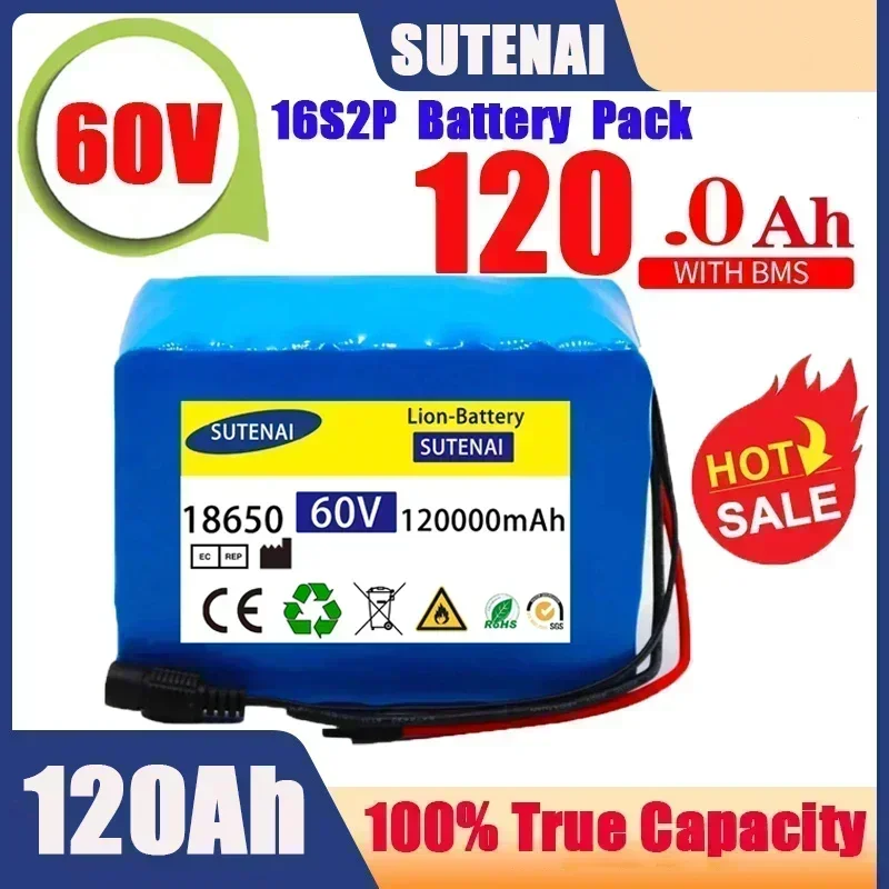 Batterie lithium-ion pour vélo et scooter électrique, 60V, 16S2P, 120Ah, 18650, 67.2V, 120000mAh, Ebike, 30A BMS, 750W, 1000Watt