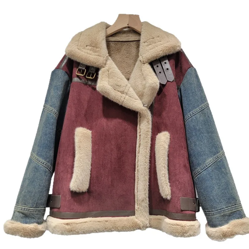 Giacca di jeans patchwork ispessita di design SuperAen per le donne Autunno e inverno 2026 Cappotti con colletto rovesciato incrociato di nuova moda