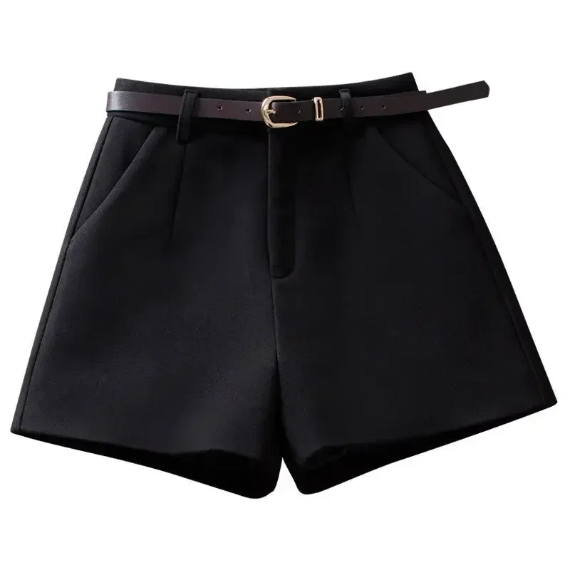 Autumn Winter Woolen Shorts Warm Comfortable Casual Elegant Wild Shorts with Belt New High Waist A-line Suit Wide Leg Pants