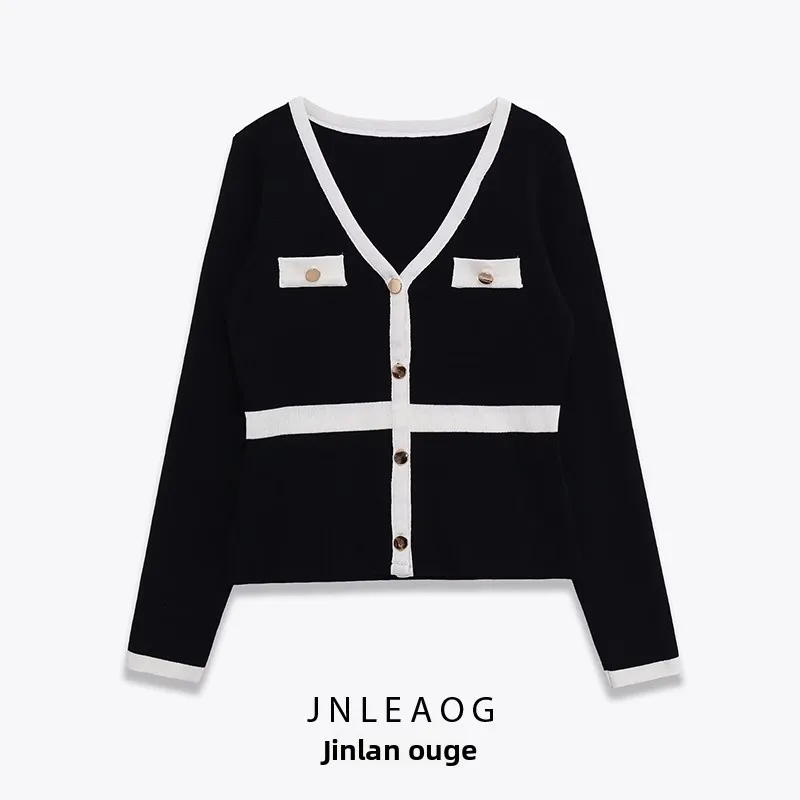 

JNLEAOG Осенний новый женский модный кардиган с V-образным вырезом, длинными рукавами, в стиле колор-блок, из полиэстера, вязаный свитер