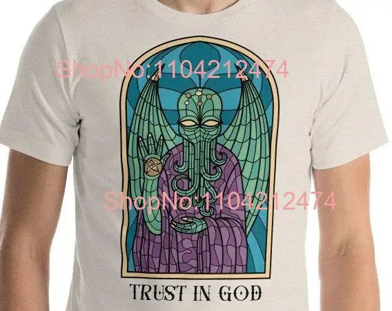 Trust in Cthulhu Church Stained Glass T Shirt A Homage to H P Lovecraft's Enigmatic Mythos long or short sleeves