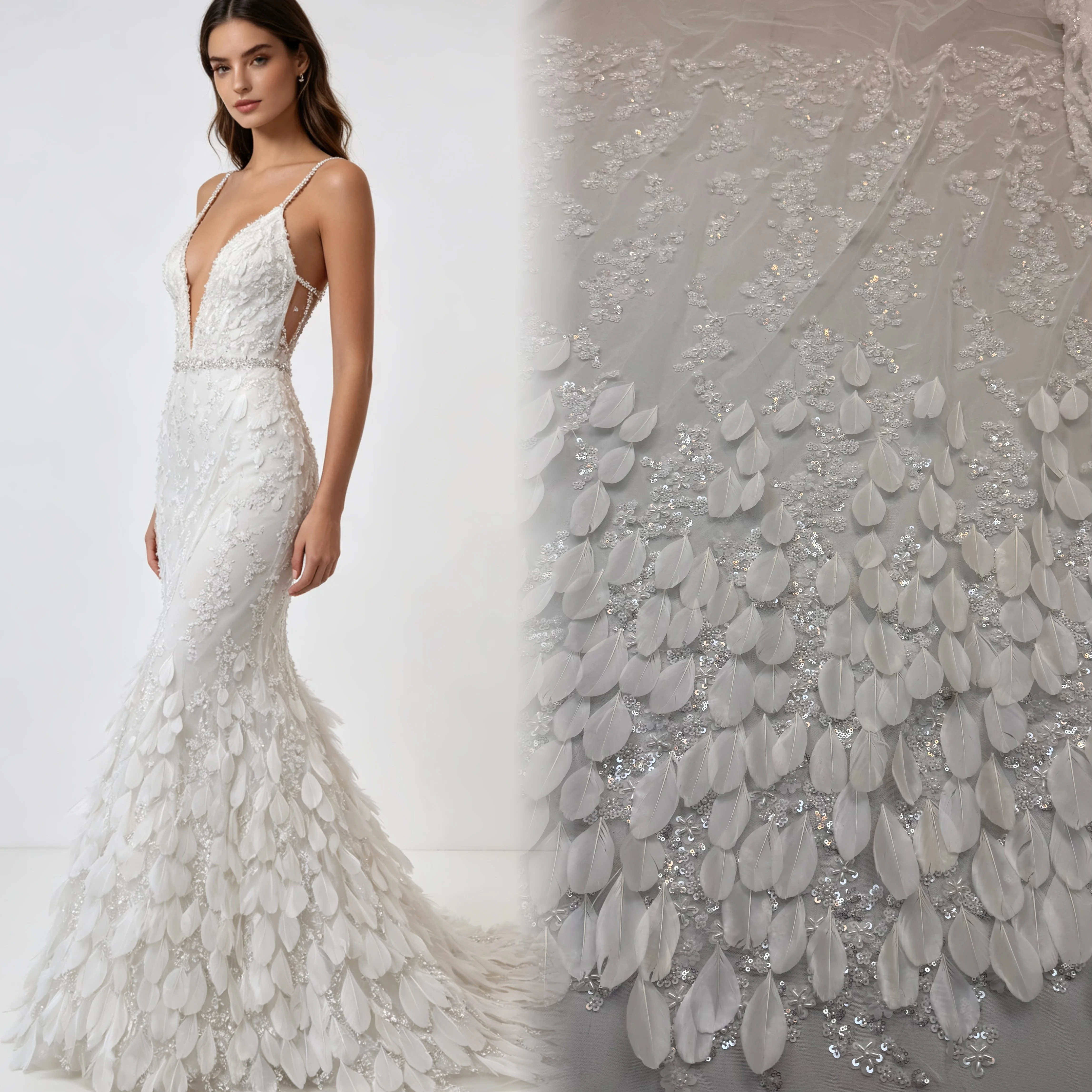 Luxury African 3D Feather Lace Fabric Beaded Embroidery with French Sequins High Quality for Nigerian Wedding Dress Sewing view 3