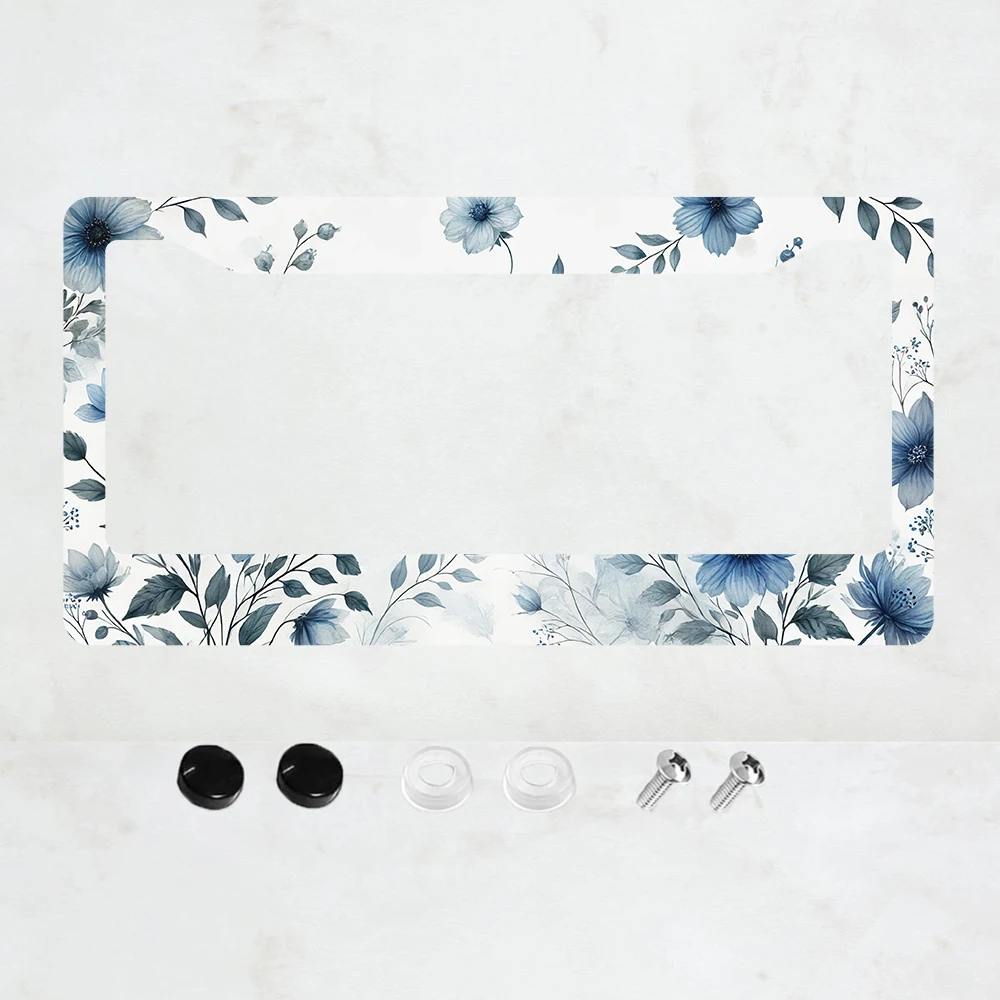 

1PC Vintage Hibiscus Beautiful Blue White Floral Print Aluminum License Plate Frame - US Standard Size, Decorative Car