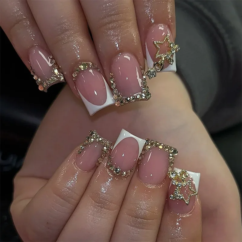 24pcs Leopard Print French False Nail Spicy Girls Press on Nails Wearable Sets Flower Brown Short Square Fake Nails with Diamond