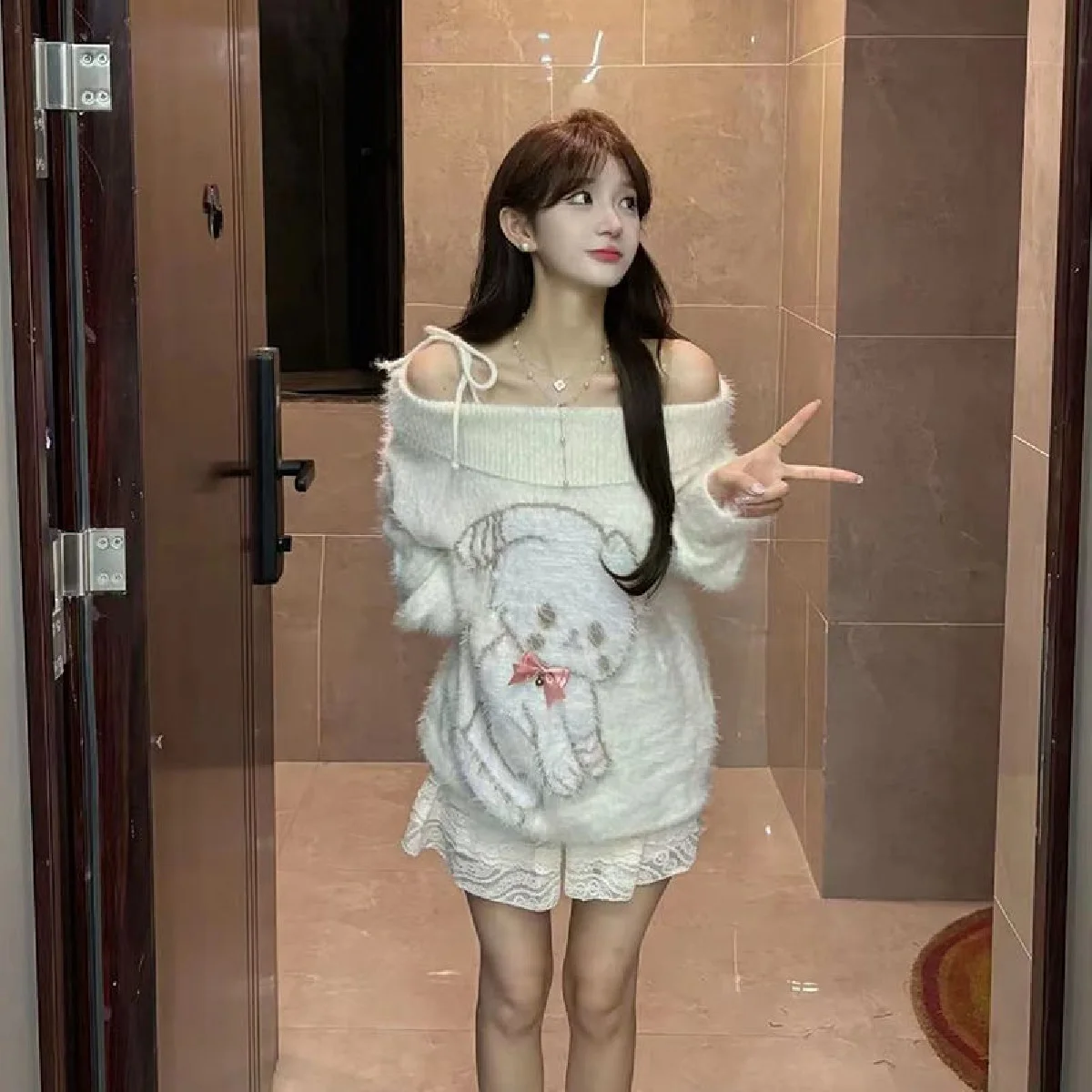 

Pure Desire Two-Piece Set One-Shoulder Imitation Mink Hair Puppy Sweater Lace Skirt Women'S Spring Autumn New Style Set