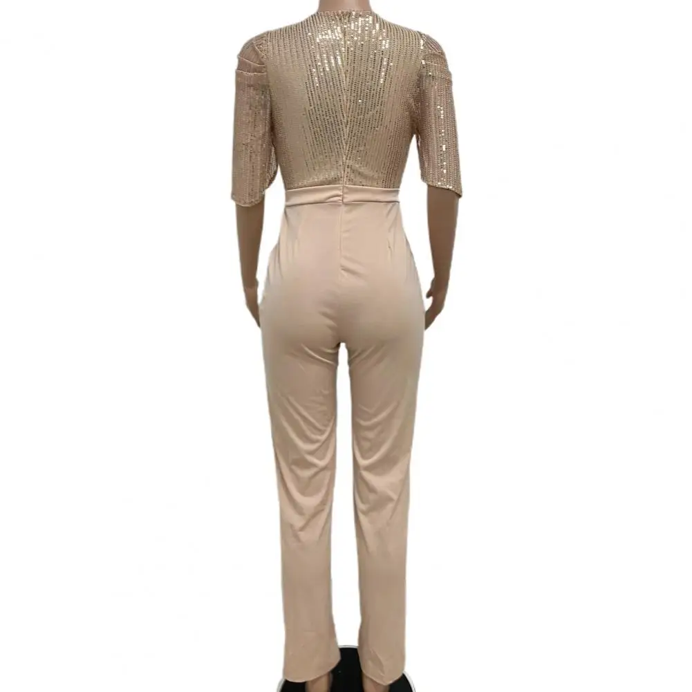 Dames Jumpsuit Met Ronde Hals, Elegante Pailletten Jumpsuit Voor Dames, Slanke Taille, Zomerse Romper Overall Met Halve Mouwen En Breed